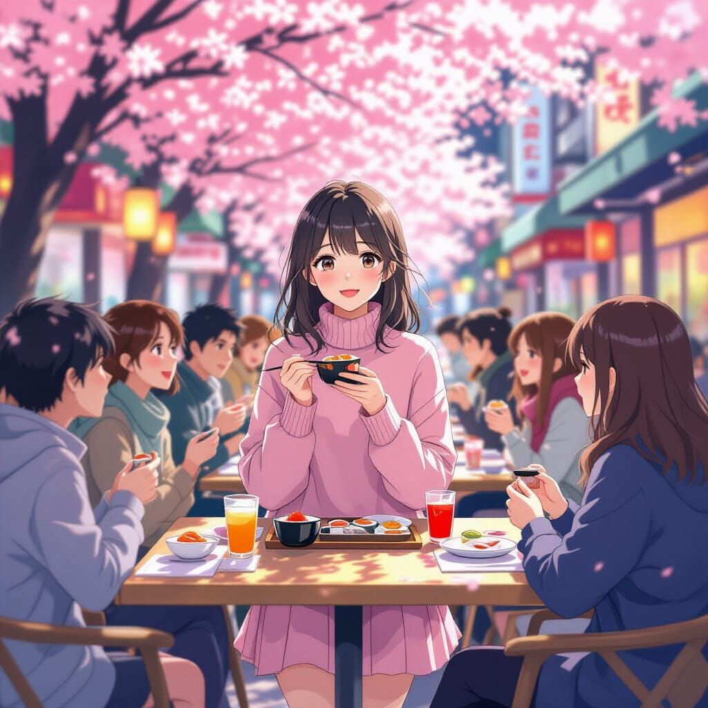 Anime Girl and Friends in Tokyo, Cherry Blossoms