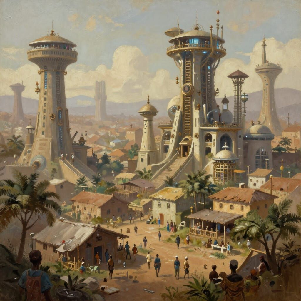 Steampunk West African Cityscape Painting with Soft Strokes