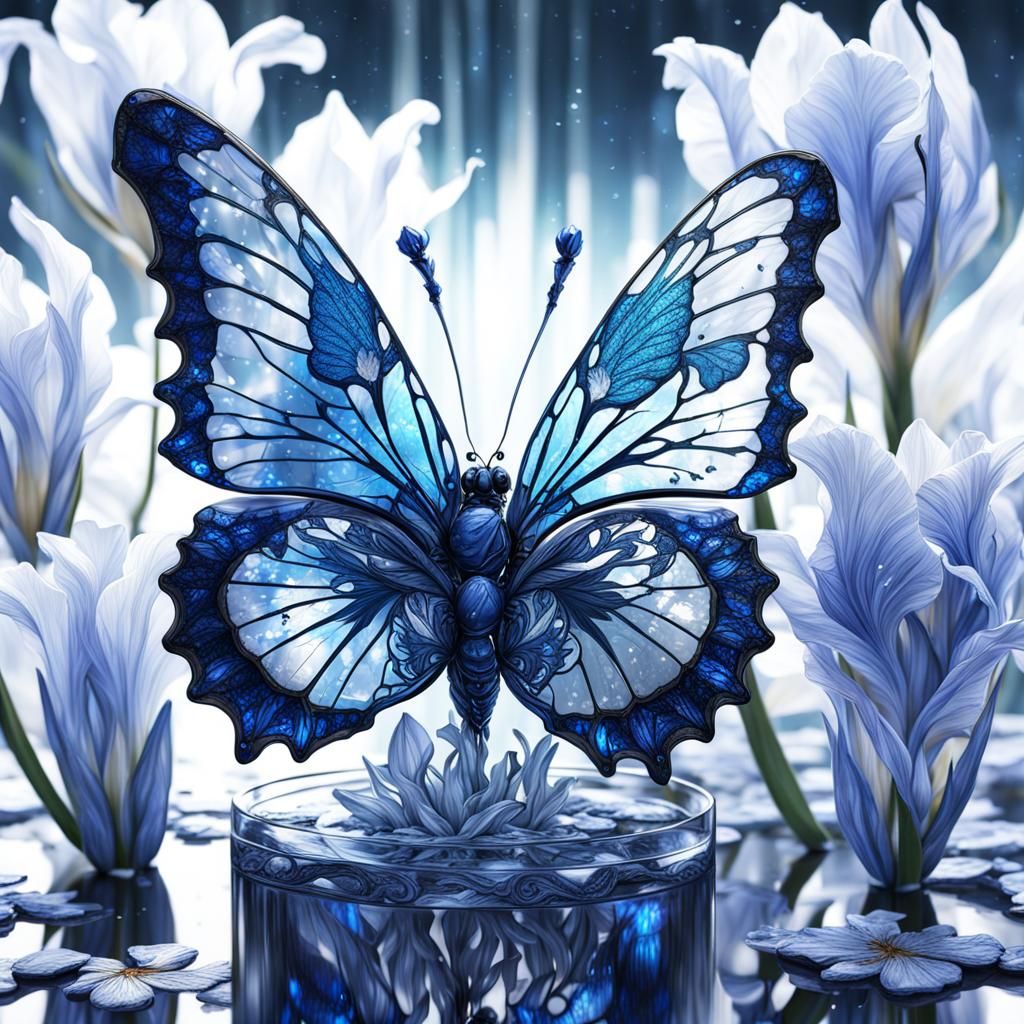 Lace-Winged Glass Butterfly on Iris, Fantasy Art