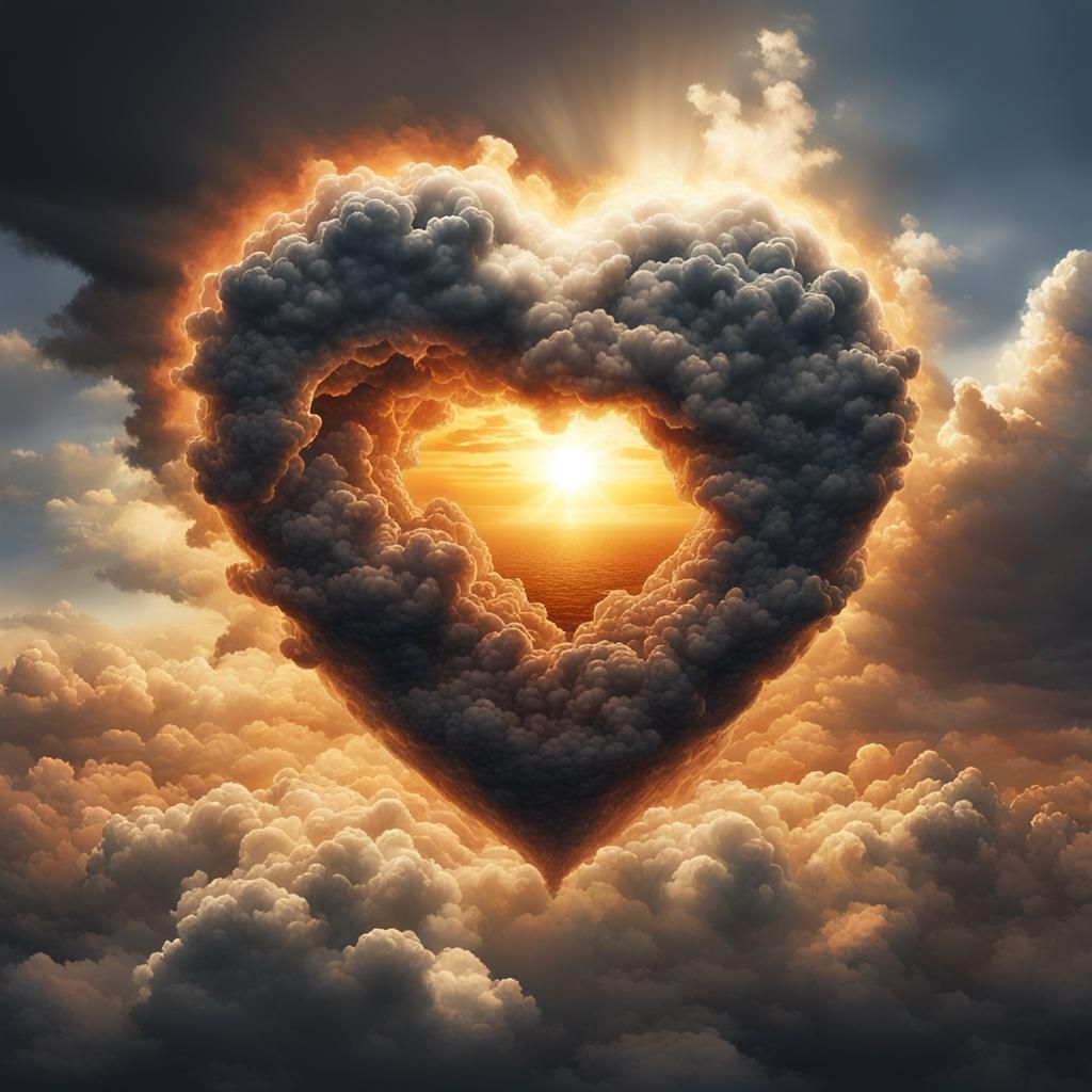 Heart Cloudscape: Digital Art with Sunlit Sky