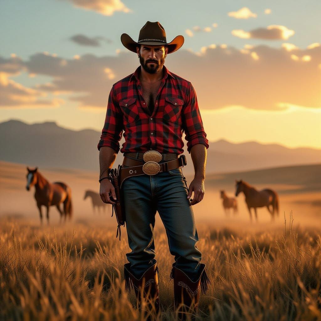 Spanish Gaucho on Golden Plains at Sunset