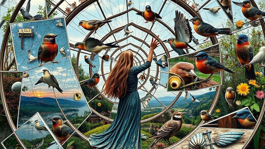 Surreal Fragmented Sculpture with Mirrors and Nature