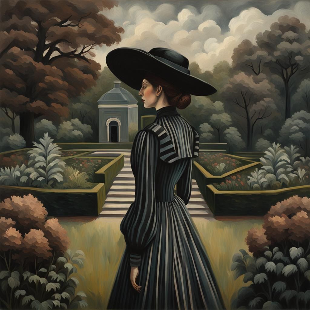 Victorian Woman in Botanical Garden: Magritte Style Oil Pain...