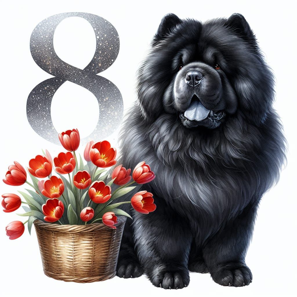 Charming Watercolor Chow Chow in a Garden of Red Tulips