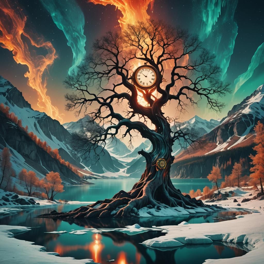 Majestic Tree with Clock in Surreal Lava Landscape