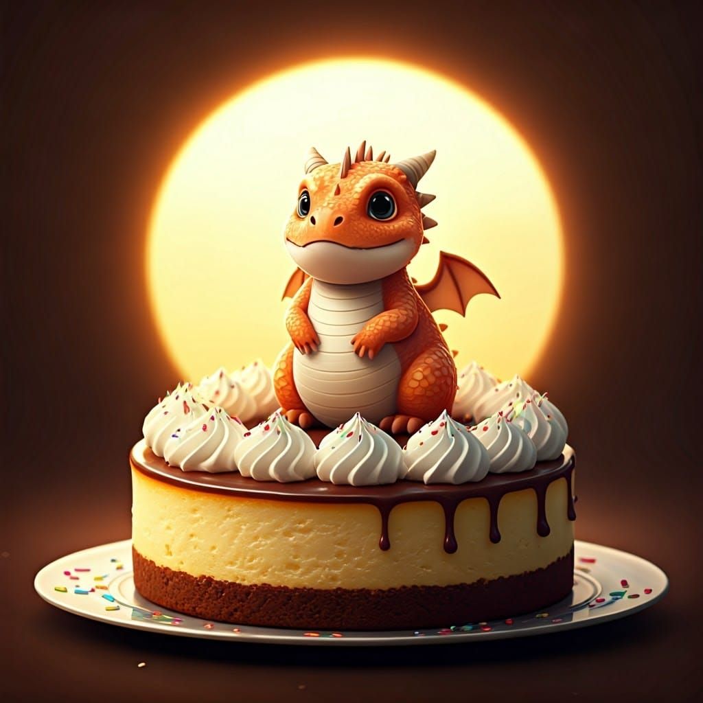 Chubby Orange Dragon Sits atop Vibrant Cheesecake