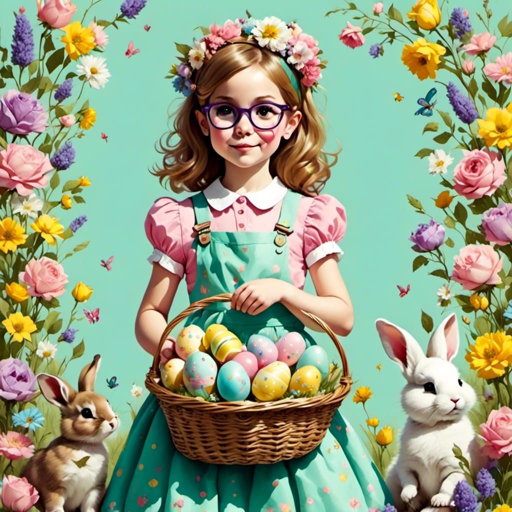 Girl with Easter Basket in Digital Art Style
