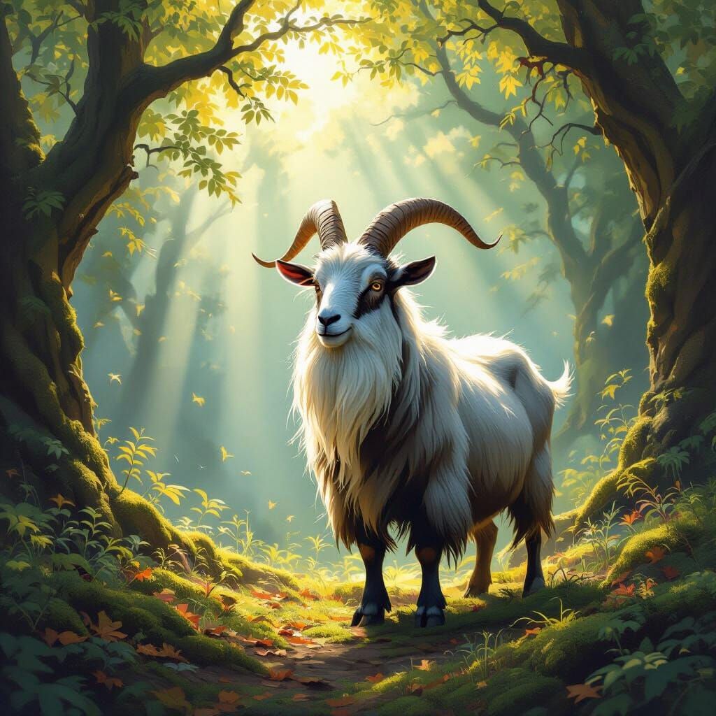Wise Goat in Sun-Dappled Ancient Forest