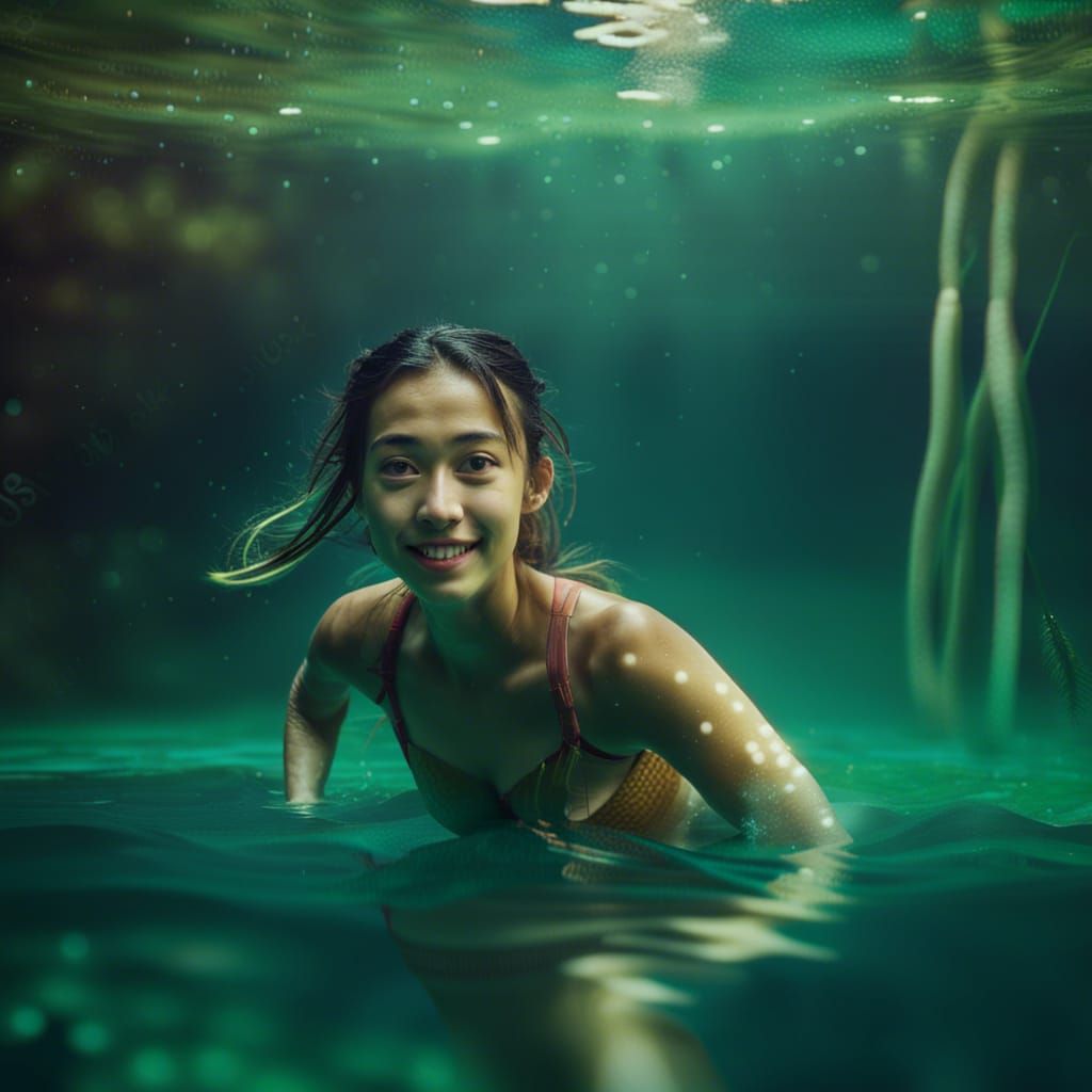 Girl in Tarzan Outfit Swimming Underwater