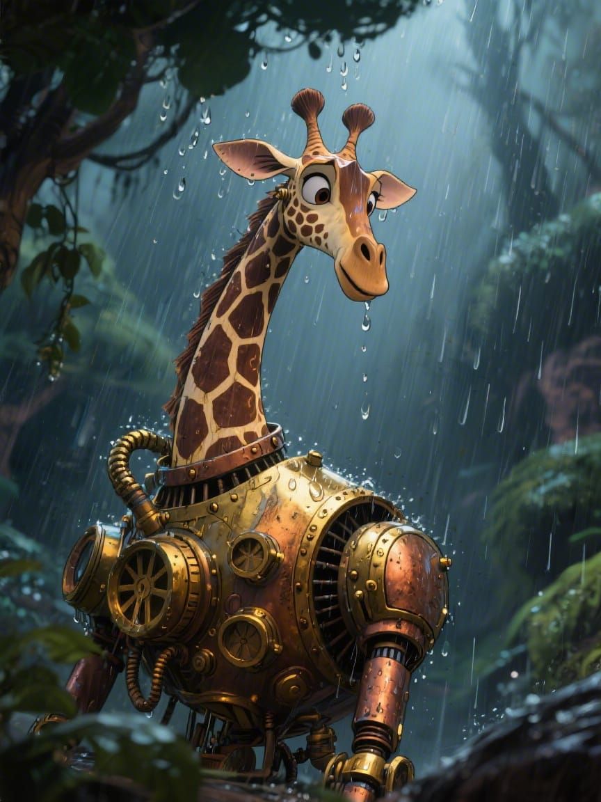 Steampunk Mechanical Giraffe in Rain, Don Bluth Style