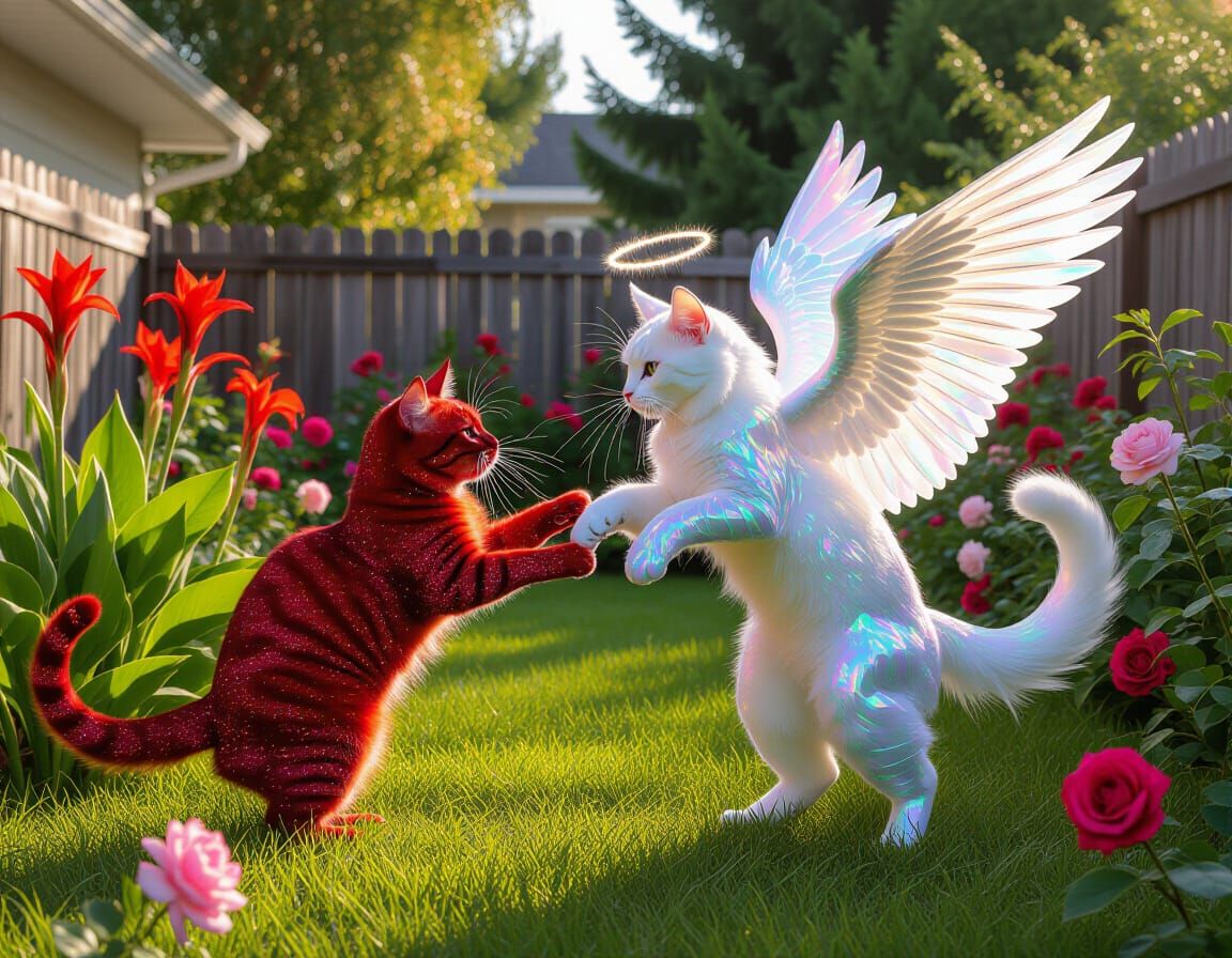 Devil Cat vs Angel Cat in Garden