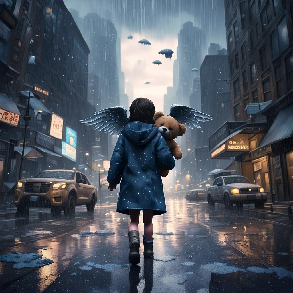 Winged Girl and Teddy Bear in Dystopian New York