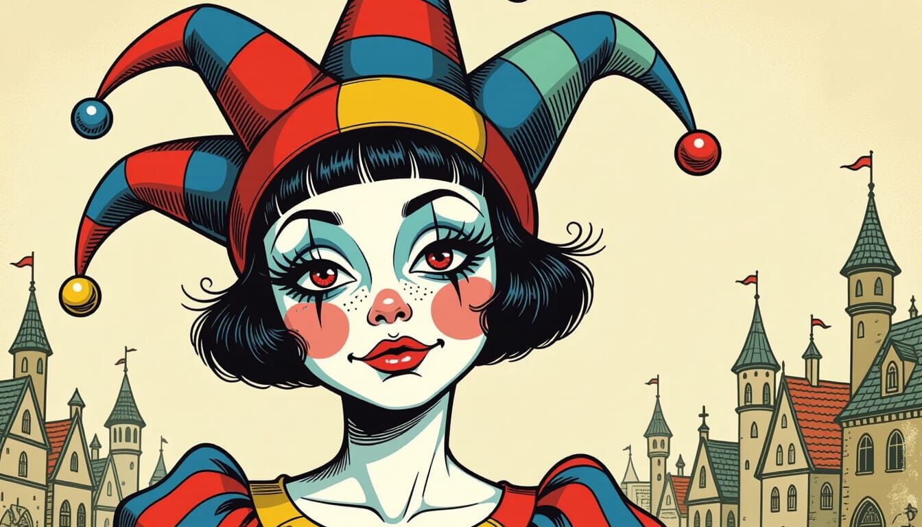 Stylized Jester Character with Whimsical Surrealist Art