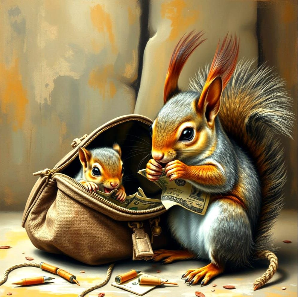 Squirrels Ripping Money: Chalk and Charcoal Drawing