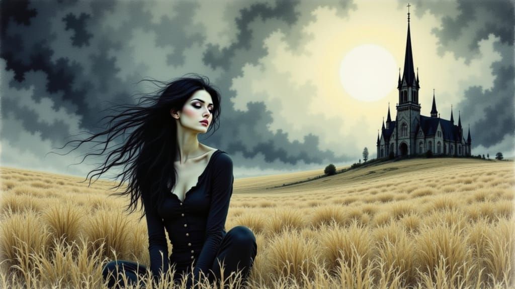 Gothic Woman in Field, Dreamlike Watercolor Art