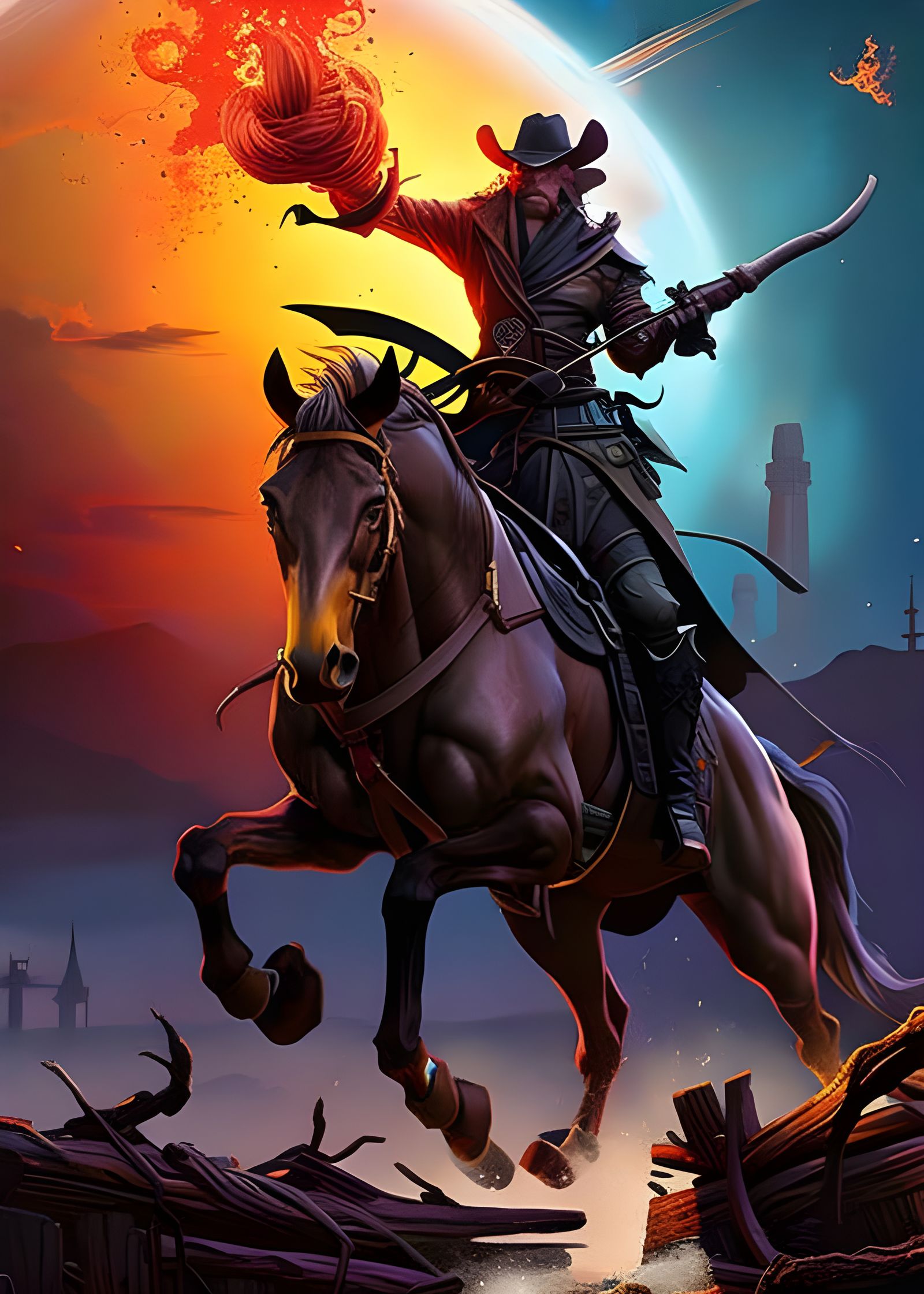 Eldritch Cowboy Skull Exploding into Paint