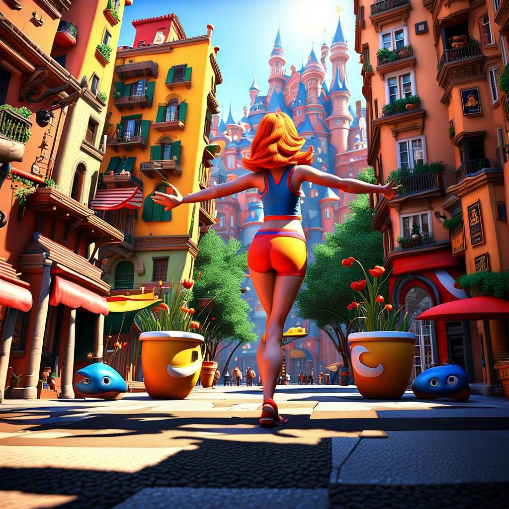 Hispanic Woman in City Street, Pixar-Style 3D Render