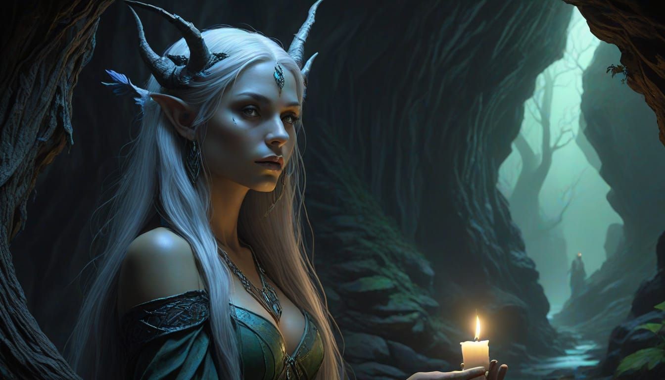 Dark Fantasy Elf Witch in Eerie Candlelight