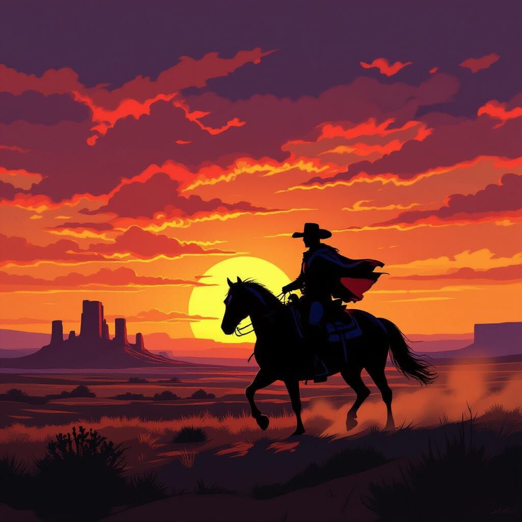 Cowboy Rides Spectral Horse at Fiery Sunset