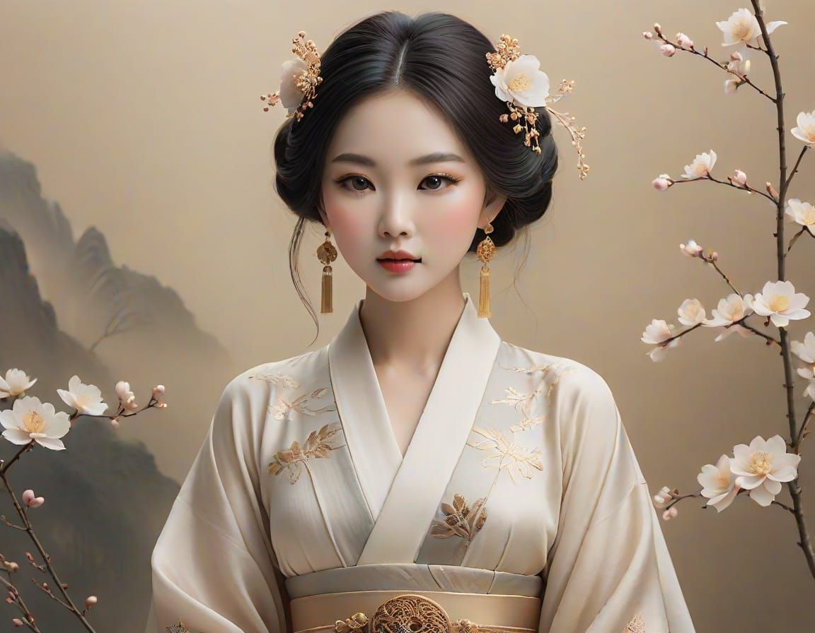 Ethereal East-Asian Angel in Dreamy Watercolor Style