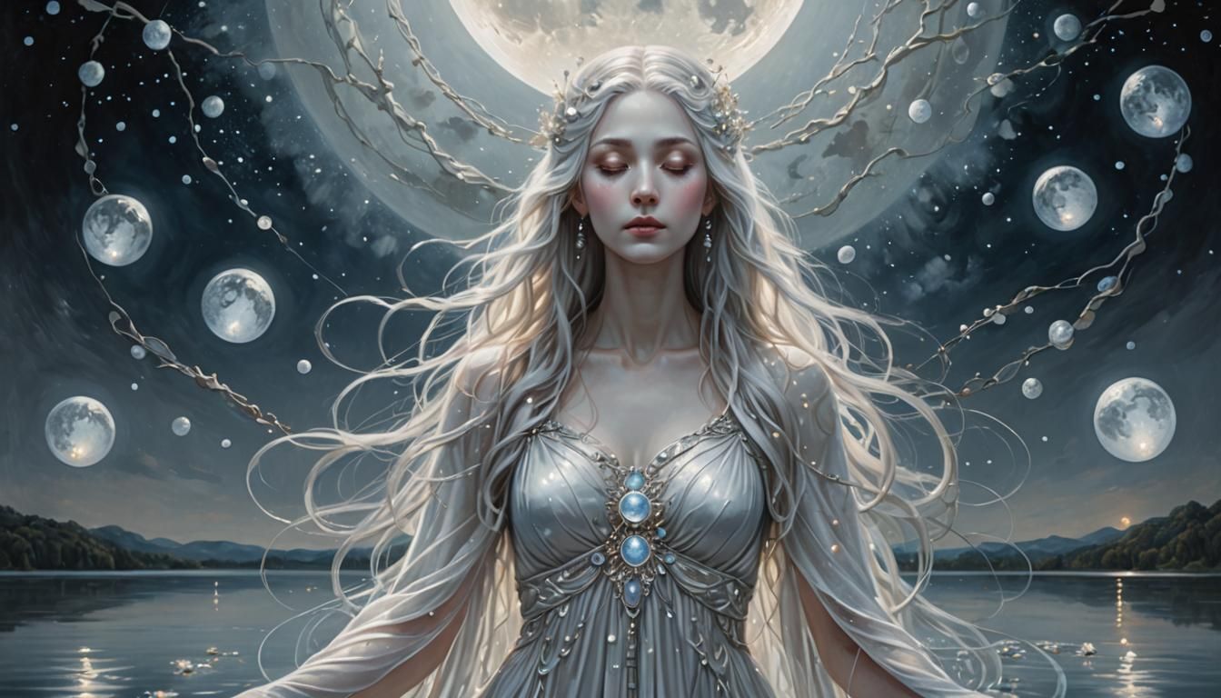 Moon Goddess in Dreamy Surrealist Celestial Lake