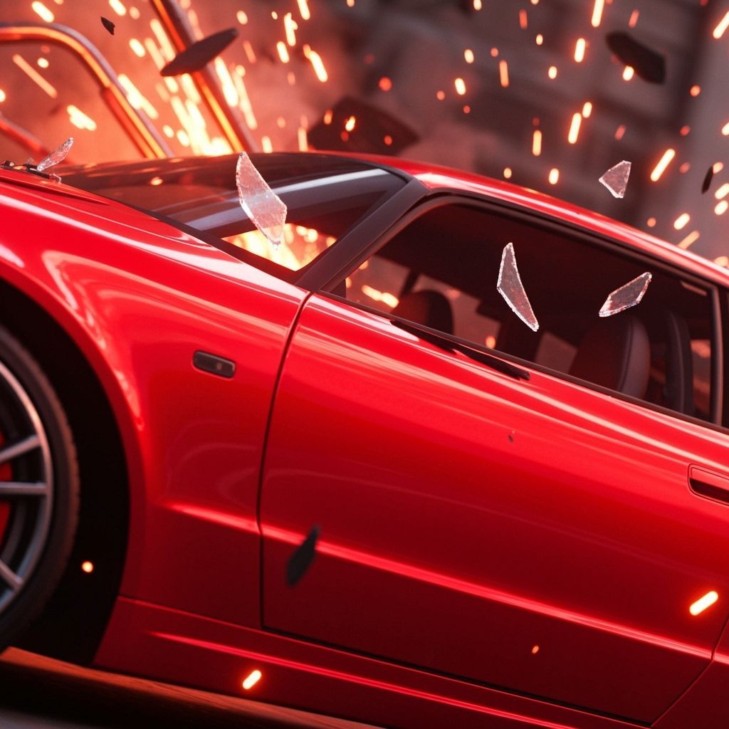 Fiery Red Sports Car Crash in Hyper-Realistic Detail