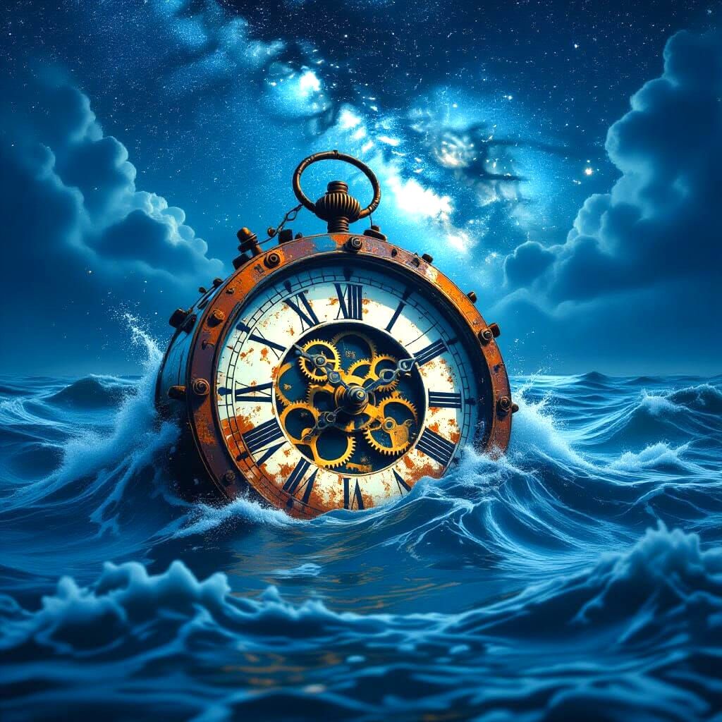 Vintage Clock Sinking into Stormy Ocean