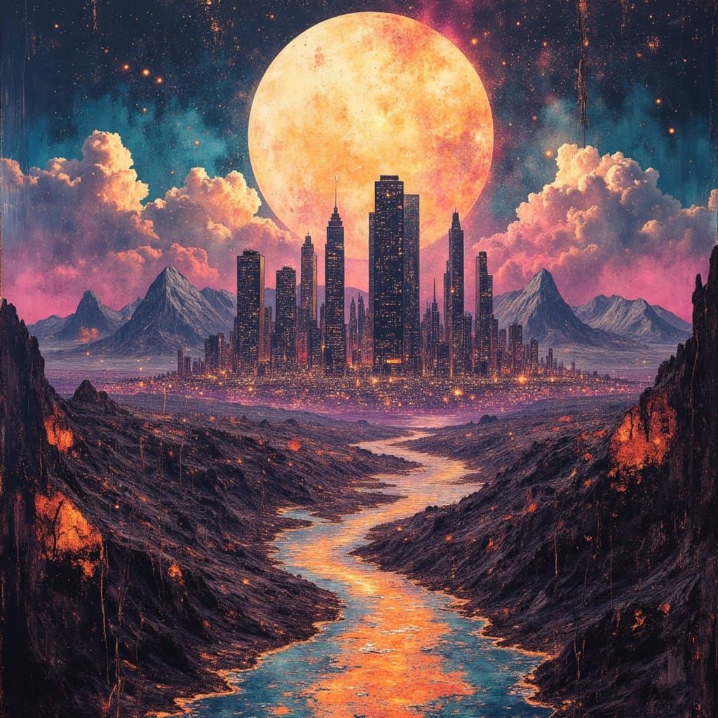 Afro-Futuristic Cityscape with Pyramids and Cyberpunk Towers