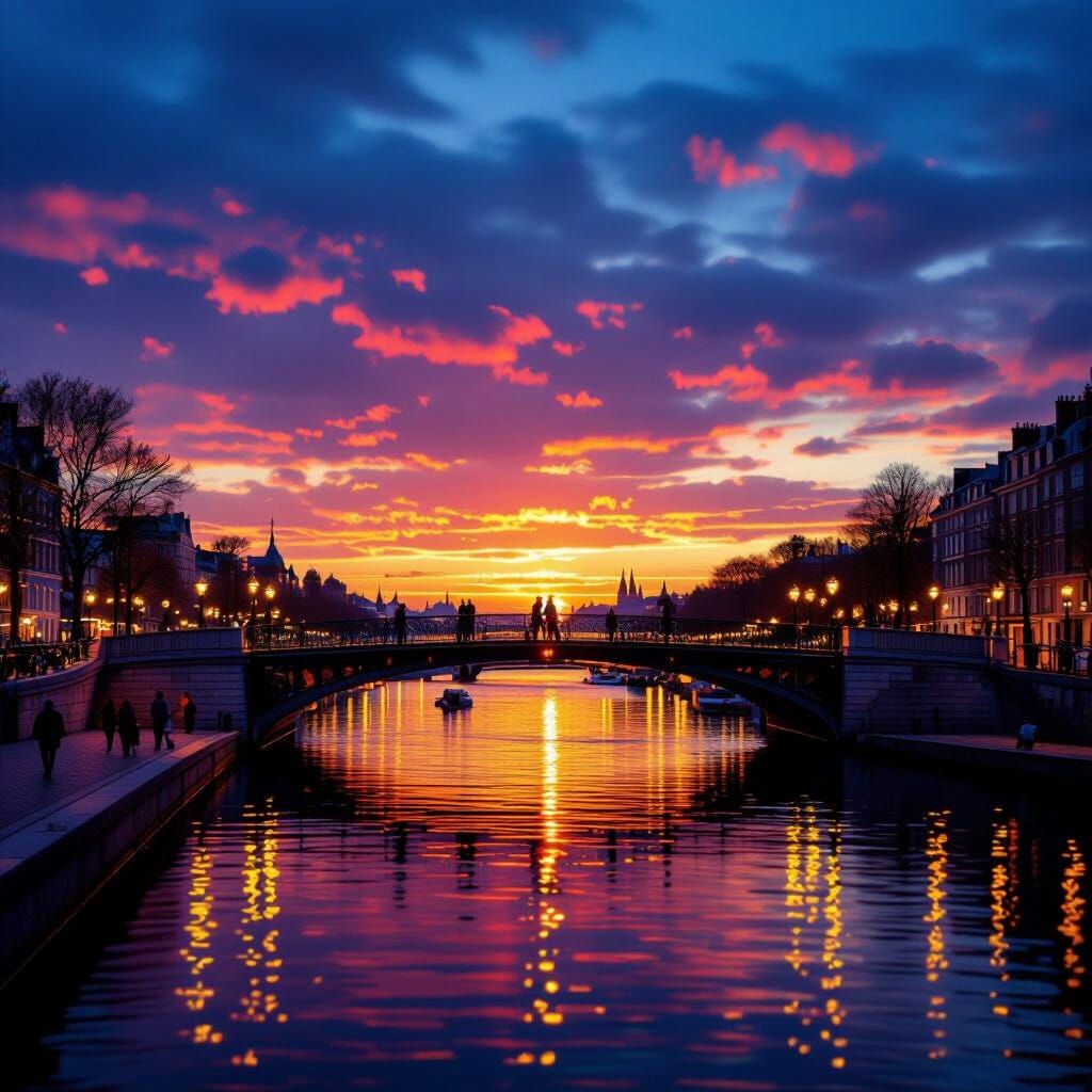 Romantic Sunset Bridge Scene with Dazzling Lights