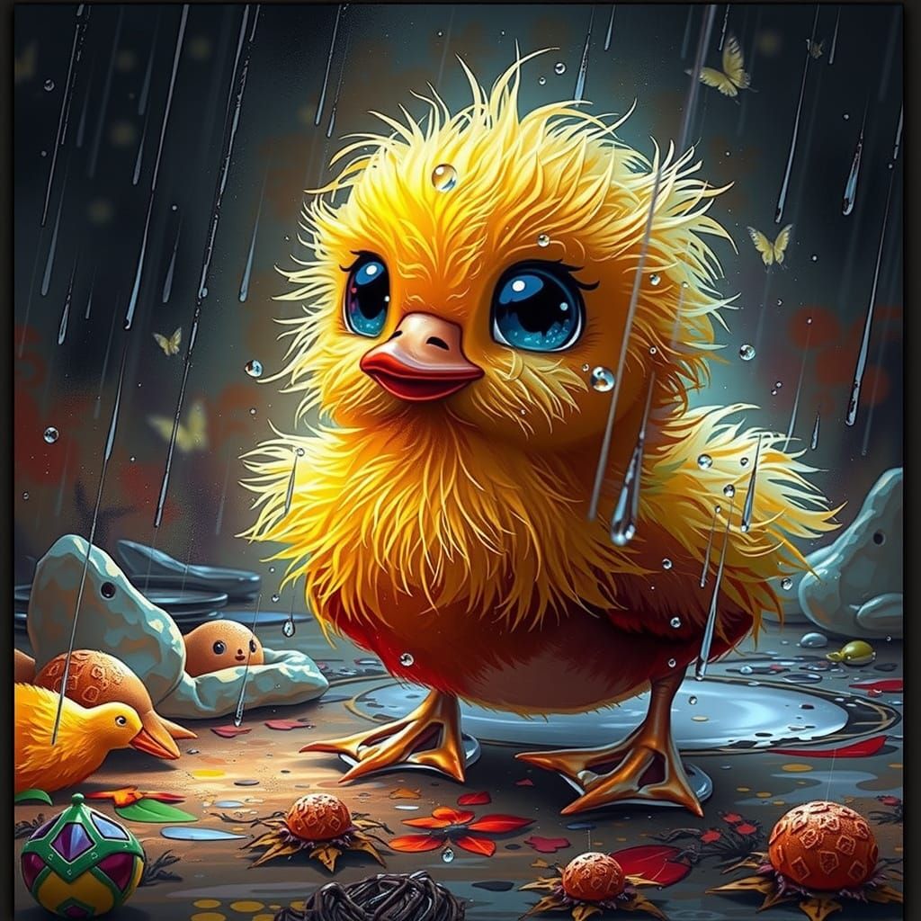 Adorable Duckling in Rainy Magical Scene