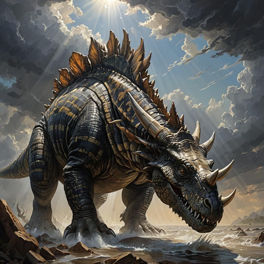 Crocodile Triceratops Hybrid in Fantasy Art Style