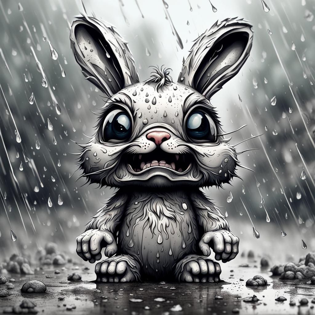 Distressed Bunny Caricature in Rainy Weather