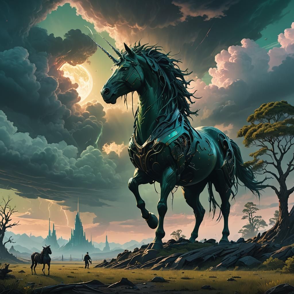 Green Unicorn on Alien Planet, Matte Painting