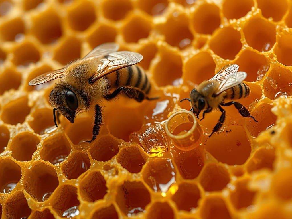 Honeybees Harvesting Honeycomb in Macro Photorealistic Style