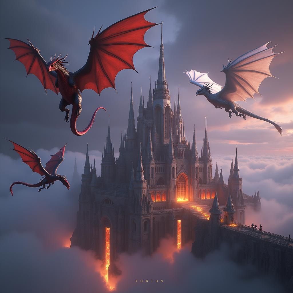 Dragons Encircling Silver Citadel in Dark Fantasy Art