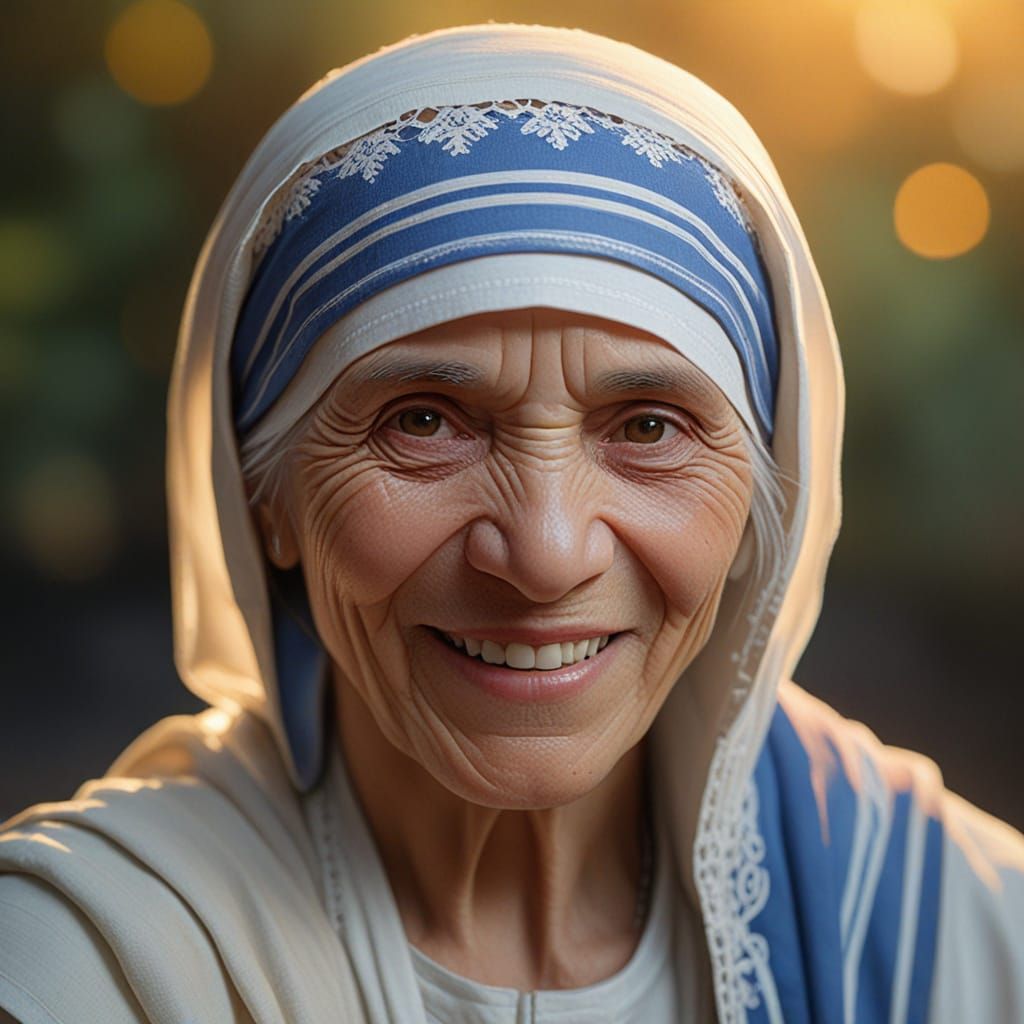 Surreal Porträt of Mother Teresa in Vibrant Triadic Colors