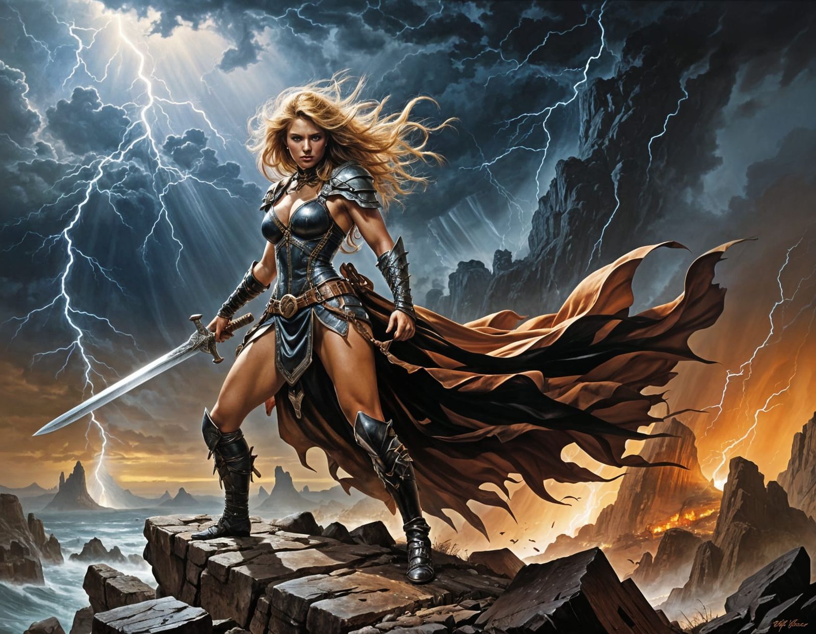 Cyberpunk-Inspired Swordswoman Defies Stormy Skies