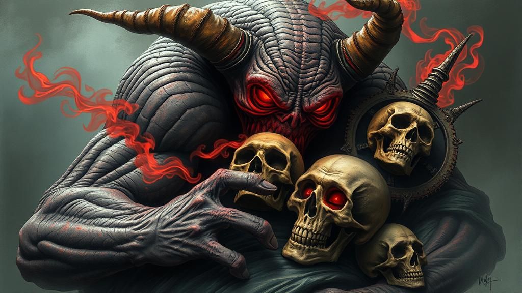 "Ancient intoxicated Demon; humongous devil smoking skulls."...