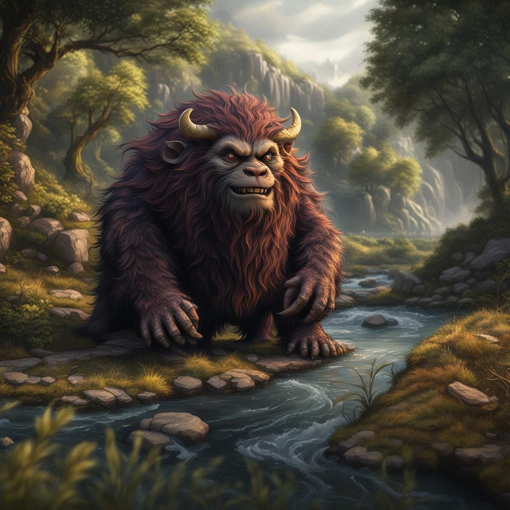 A large snargly bargly next to a river. It is very hairy, bu...