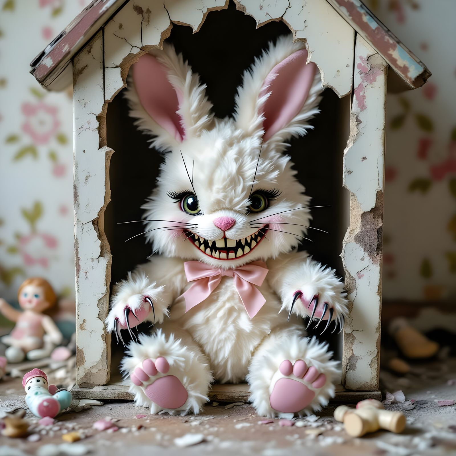 Menacing Bunny Toy Emerges from Cracked Dollhouse in Gothic ...