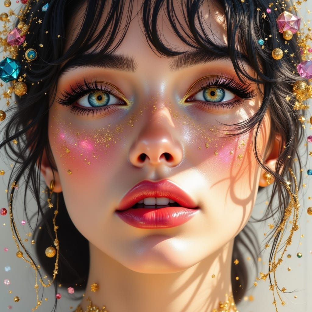 Mysterious Beauty Woman Portrait with Diamonds and Gold