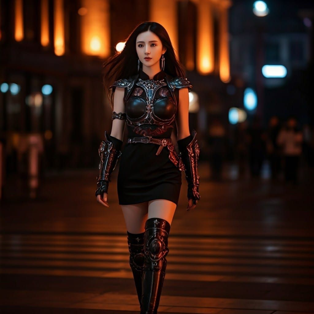 Chinese Warrior Goddess Strolls Shanghai Streets at Night