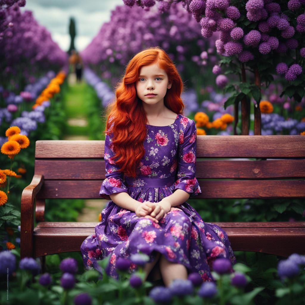 Incredibly beautiful red-haired girl. She is wearing a purpl...