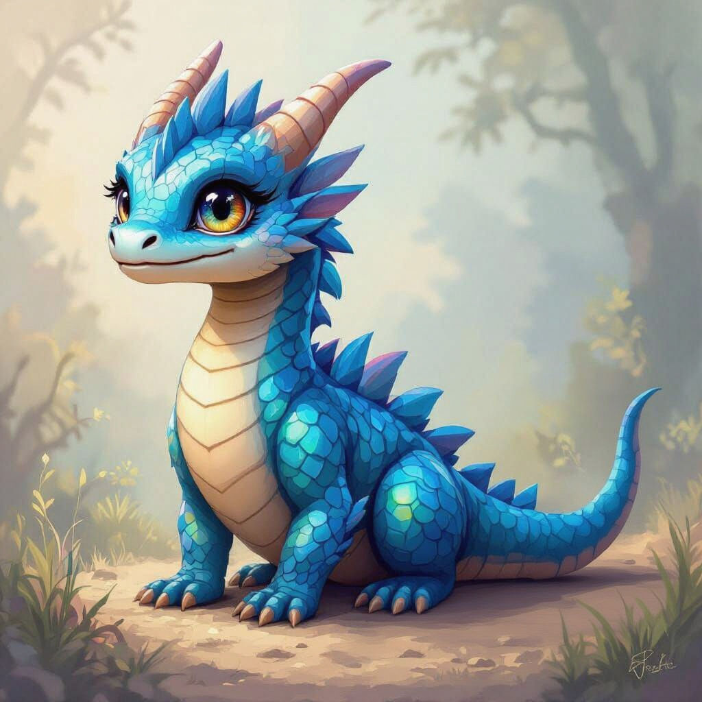 Blue Baby Dragon with Long Tail and Neck