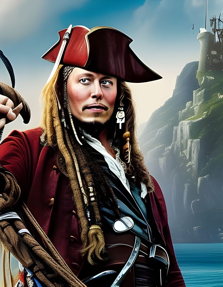 Portrait of elon musk as pirate William Turner from disney movie "Pirates of the Caribbean".  Intricate _details. Elabor...