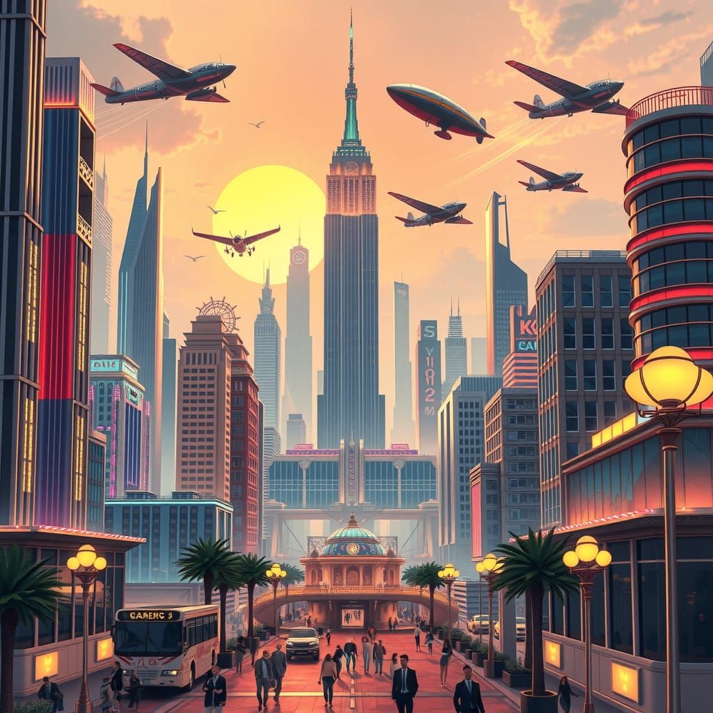 Art Deco Metropolis of 2025 in 1920s Comic Book Style