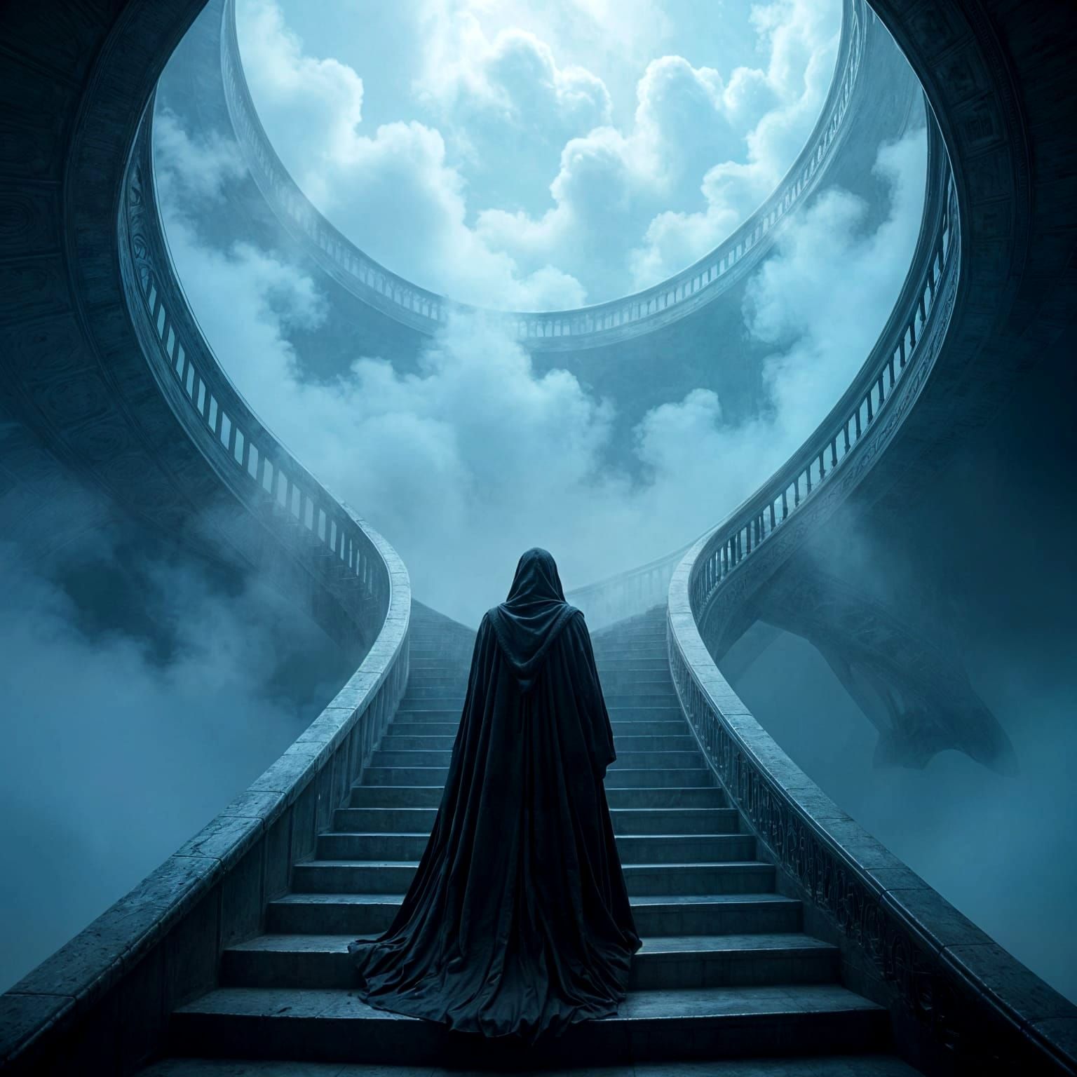 Spiraling Staircase Descending into Misty Abyss