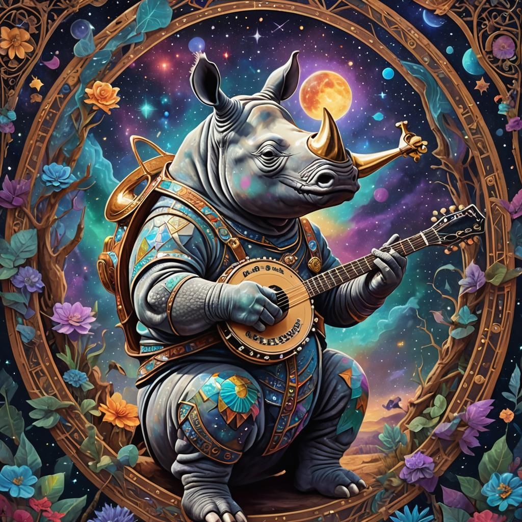 Rhino Plays Banjo in Astral Cosmic Illustration