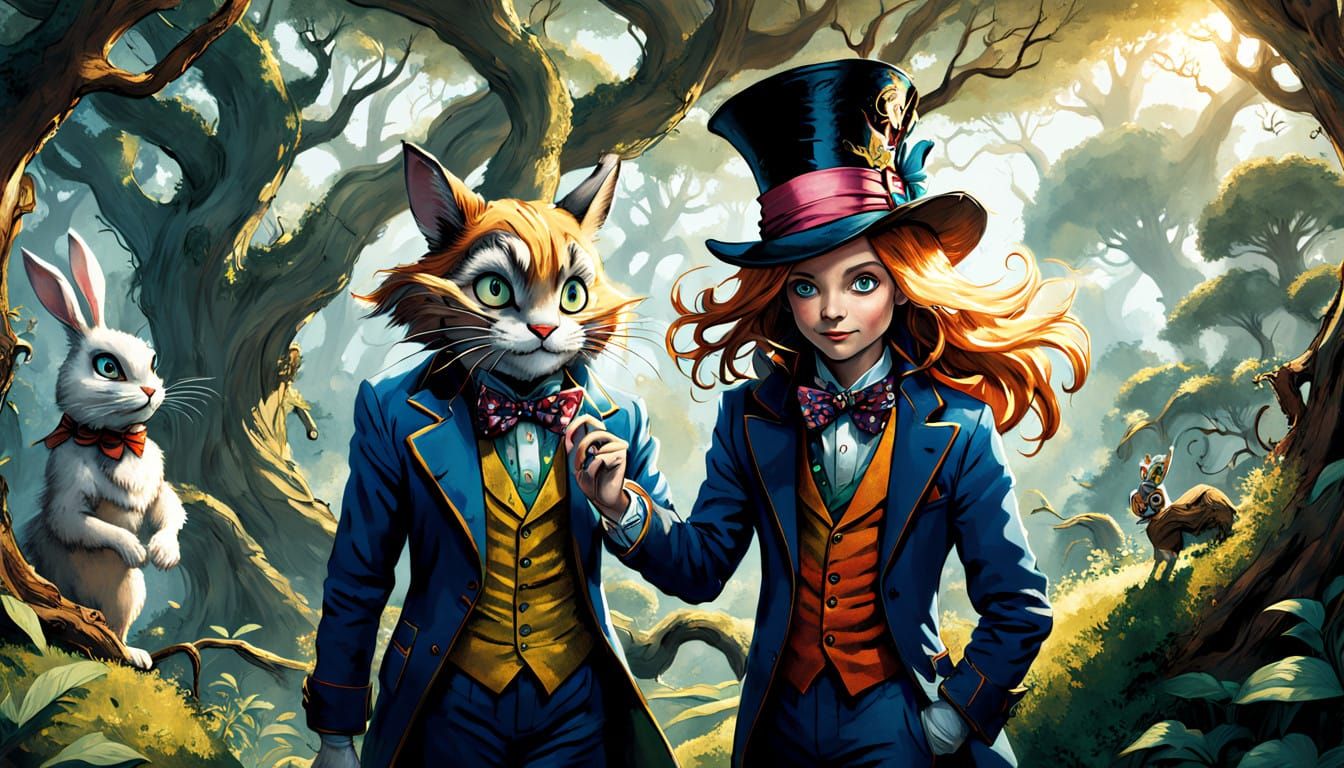 Alice in Whimsical Wonderland Scene with Bold Lines and Fant...