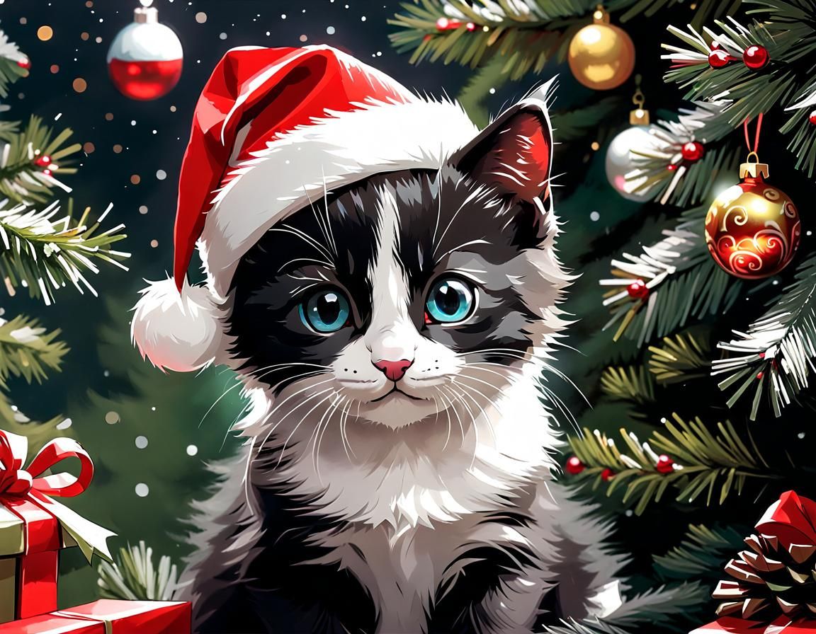 Adorable Christmas Kitten in Manga Style Portrait